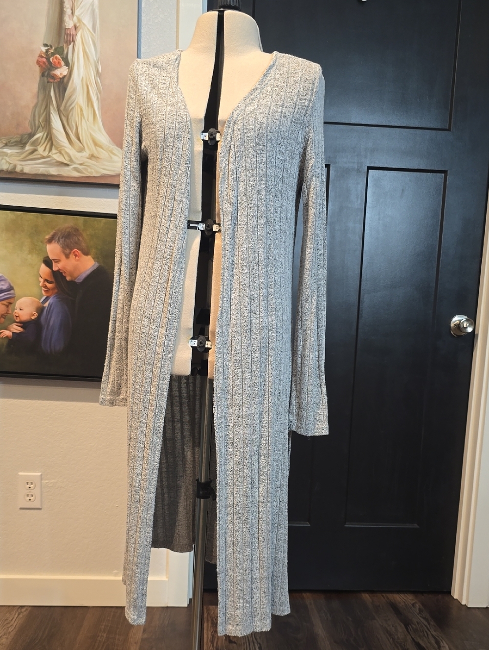 Long Ribbed Open Front Cardigan - Light Gray, sz m